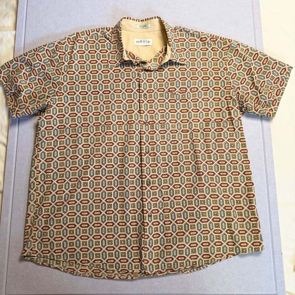 Orvis Men’s XXL Geometric Print Short Sleeve Button Up Shirt 100% Cotton